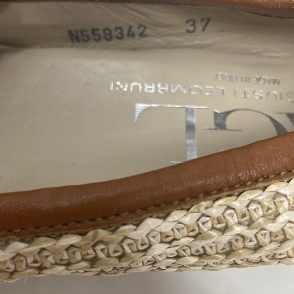 AGL Attilio Giusti Leombruni Red Patent Tan Straw Woven Ballet Flats Size 37